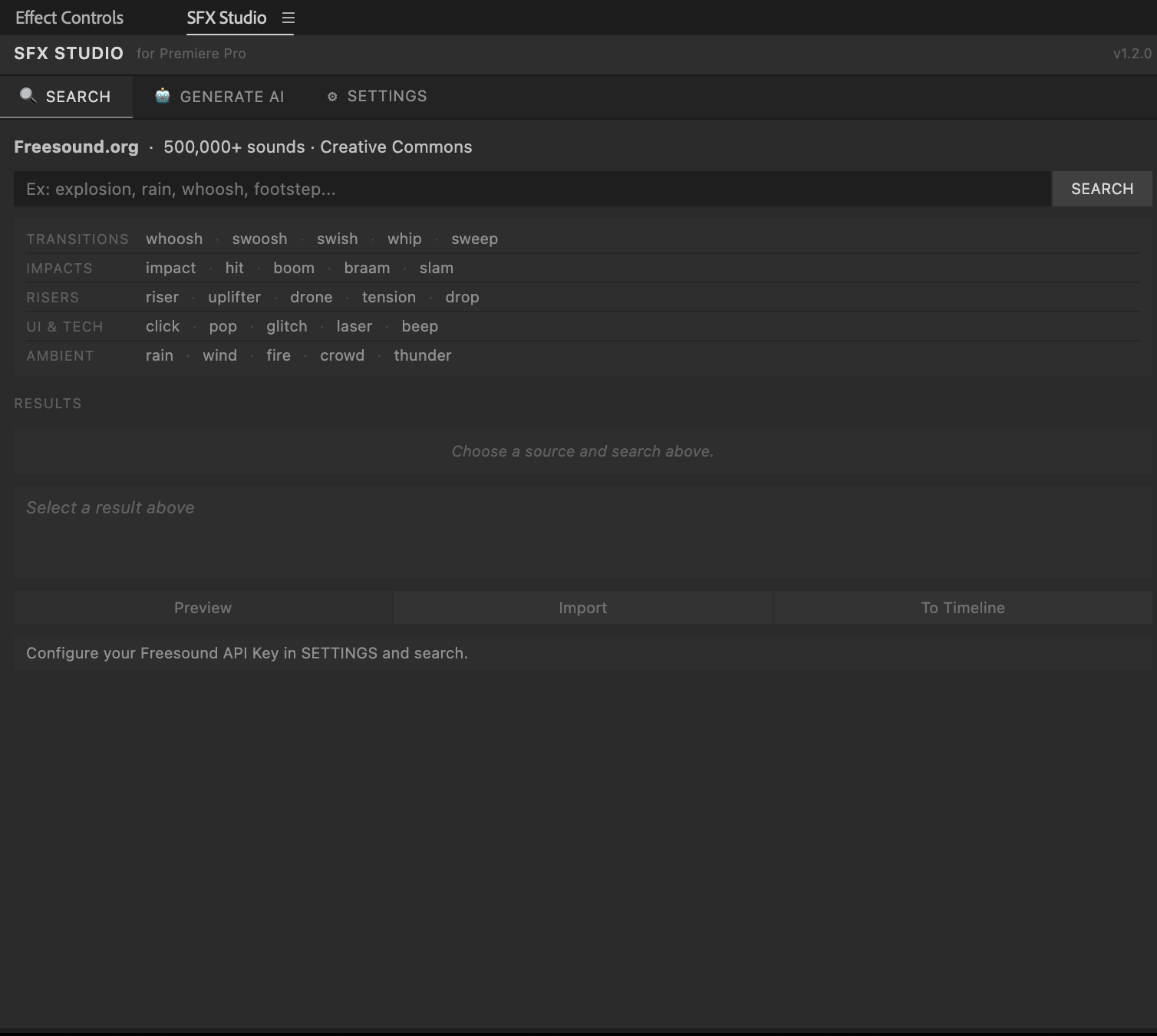SFX Studio search interface inside Premiere Pro