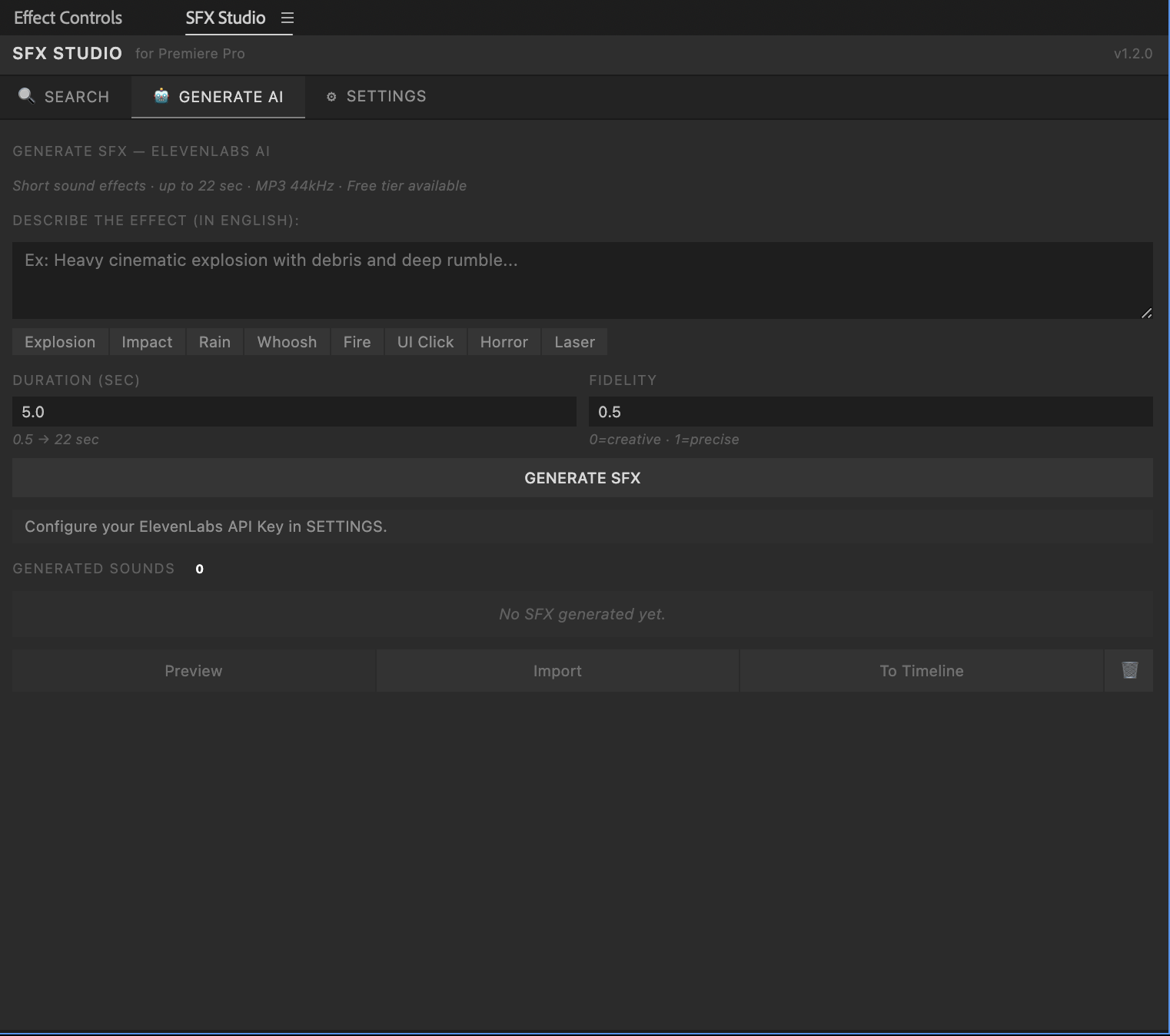 AI sound effect generation setup with ElevenLabs